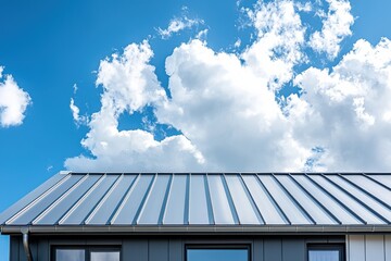 Fototapeta premium Minimalist architectural design captured in low-angle view showcasing a modern house with sleek metal roof against a bright blue sky