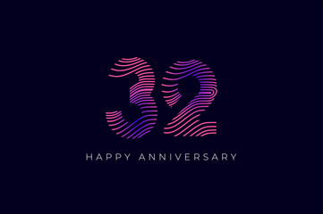 Numeric Design with Line Curve 32th, 32th Happy Anniversary with Gradient Colorful Line wave. Tech, futuristic and science concept