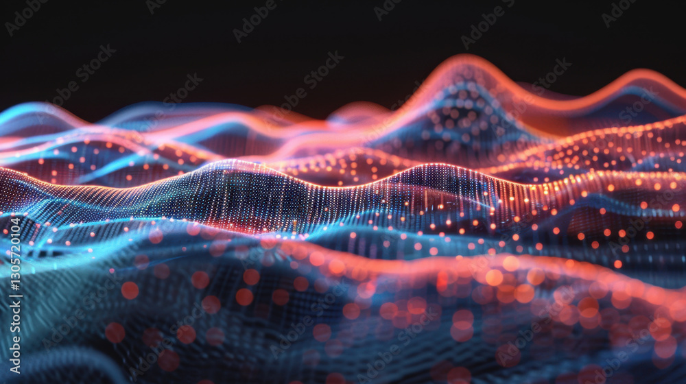 Poster abstract digital waves with glowing particles in blue and red tones create mesmerizing visual effect