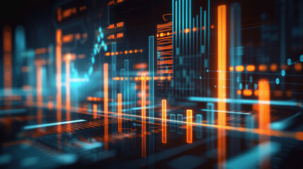 Abstract digital data visualization with glowing graphs and charts in blue and orange tones, representing technology and analytics