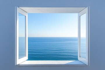 Peaceful coastal view from a white-framed window offering a serene escape to ocean tranquility
