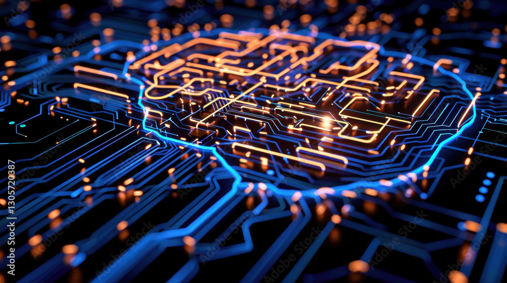 Poster digital brain design with glowing circuits and lights, representing artificial intelligence and tech