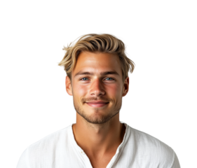 Cheerful young man smiling portrait bright eye level emphasizing happiness isolated on transparent background