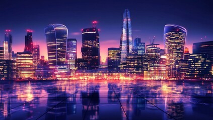 Fototapeta premium Night cityscape panorama reflecting on wet ground.