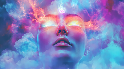 Fototapeta premium Woman with glowing third eye and ethereal colors, ai generated. Ethereal - Clouds. Illustration