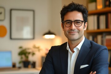 Fototapeta premium Professional man smiling confidently in modern office setting with plants and books in background
