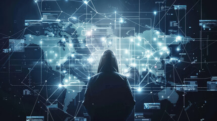 person in hoodie stands before digital world map, surrounded by glowing data and network connections, symbolizing cybersecurity and technology