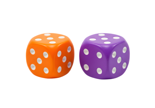 Bright Orange and Purple Dice with White Dots on a White Background for Game and Gambling Themes