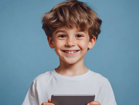 Happy smiling young boy holding a tablet, symbolizing the integration of technology in everyday life.