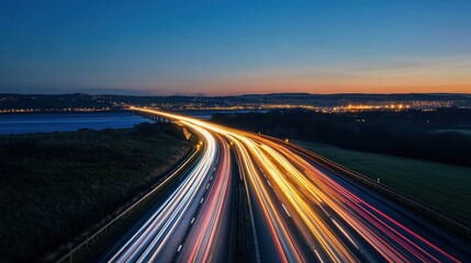 Fototapeta premium City lights trailing on a twilight highway overlooking a coastal town