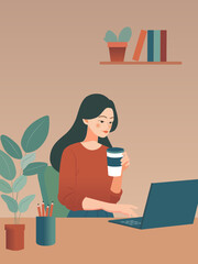 Coffee desk woman, working from home, laptop, business woman