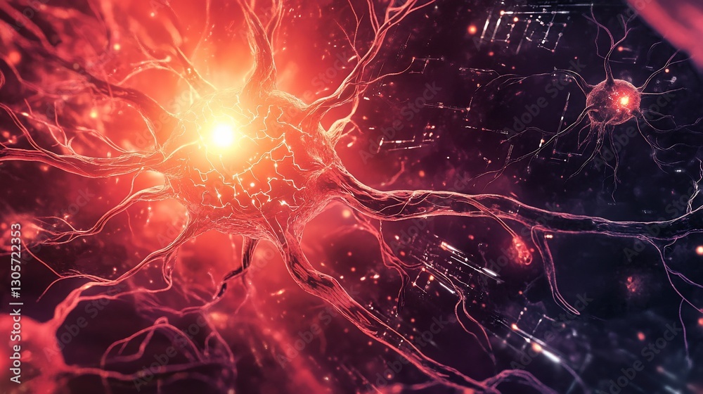 Poster microscopic view of a neuron firing, showcasing intricate neural network and vibrant energy.