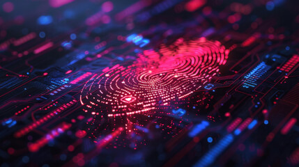 Digital fingerprint on circuit board background, showcasing technology and security. vibrant colors create futuristic atmosphere, emphasizing innovation and data protection