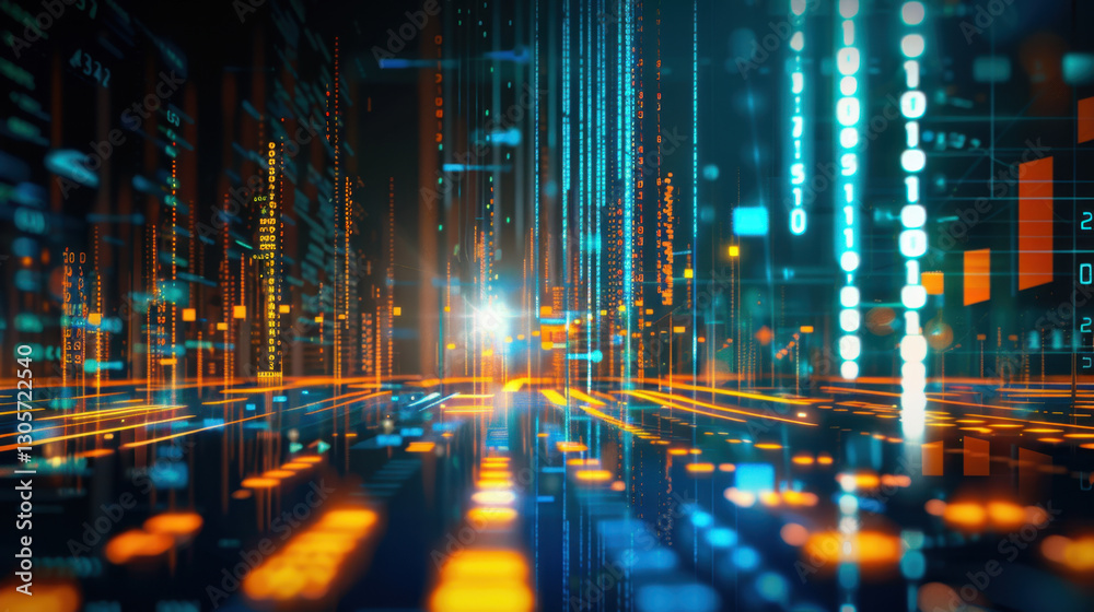 Poster digital data streams create vibrant, futuristic landscape with glowing lines and binary code. this a