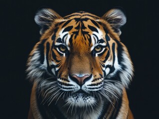 Fototapeta premium Closeup of tiger face with intense expression, staring forward.