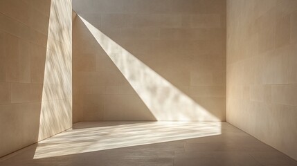 Sunbeams illuminating a minimalist beige room's corner.