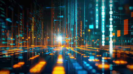 Digital data streams create vibrant, futuristic landscape with glowing lines and binary code. This abstract representation symbolizes technology and innovation