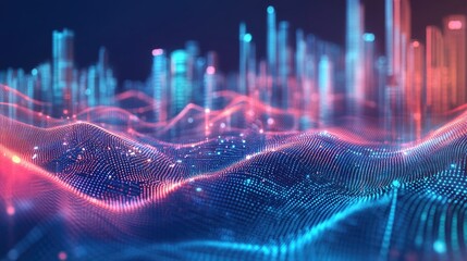 This image is a digital artwork featuring a neon-lit futuristic cityscape with data visualizations and graphs that could be used to represent financial markets, business intelligence, or technology