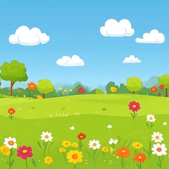 Colorful spring meadow landscape with trees and flowers under a blue sky