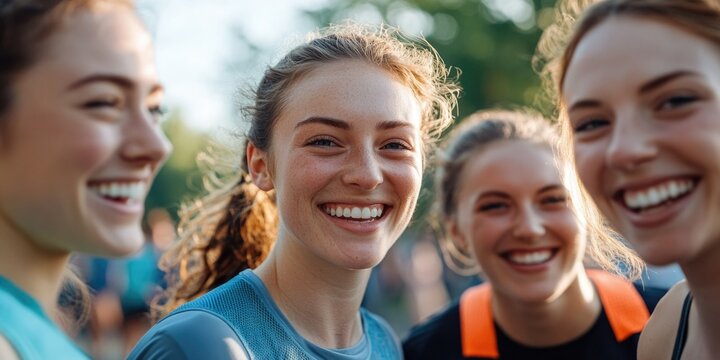 Female athletes smiling and celebrating after an event, highlighting teamwork and friendship in sport.
