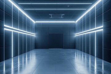 Obraz premium Modern minimalist interior with glowing neon lights in an empty room