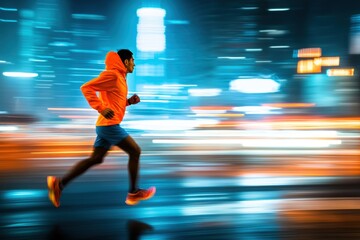 A man jogs through a vibrant cityscape illuminated at night.