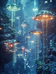 Fototapeta premium Futuristic alien planet with glowing mossy rocks, flying spaceships, and blue-lit cave tunnels.