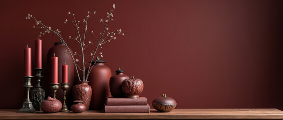 Elegant display of red ceramic vases and candles on wooden shelf