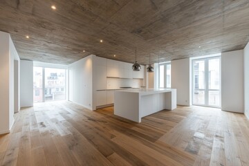 Obraz premium Modern open-concept kitchen and living room interior design featuring minimalist style and natural light in urban apartment