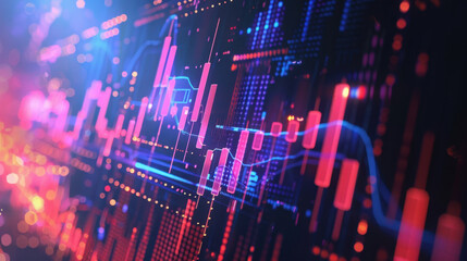 vibrant digital stock market chart with colorful candlestick patterns and glowing lines, representing financial data analysis and trading trends