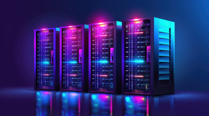 High tech server racks with colorful LED lights in dark environment, showcasing modern technology and data storage solutions