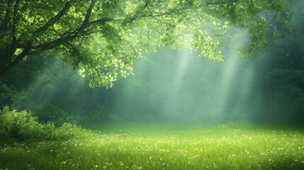 Obraz premium Enchanted Forest: Sunbeams Through Green Canopy