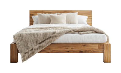 Cozy bedroom with modern bed home interior furniture contemporary style front view comfort and relaxation isolated on transparent background