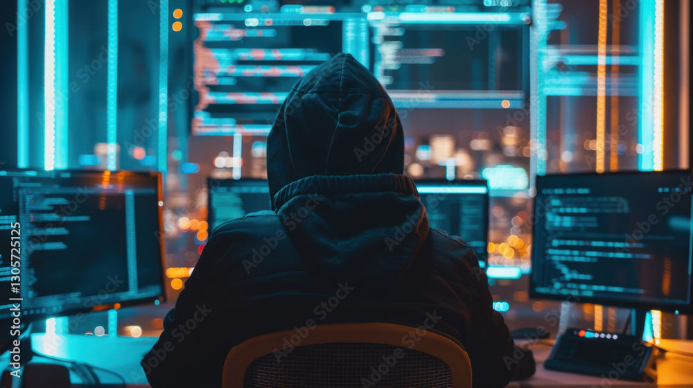 Poster person in hoodie sits in front of multiple computer screens displaying code and data at night, creat