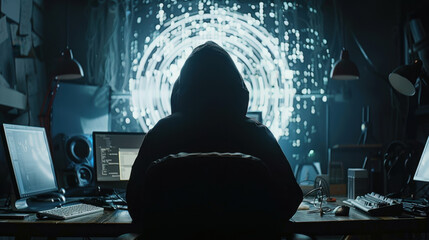 mysterious figure in hoodie sits in front of multiple computer screens, immersed in digital world. glowing background creates intense atmosphere of technology and intrigue