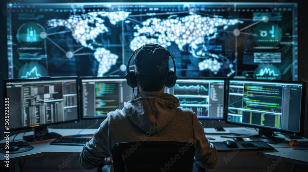 Poster person working on multiple computer screens, analyzing data and global information. environment is h