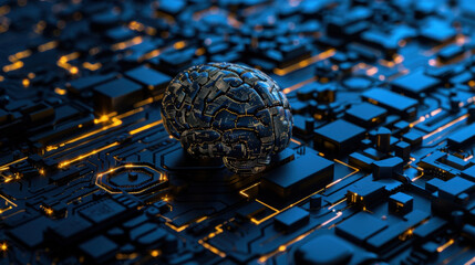 futuristic brain design on circuit board background, symbolizing artificial intelligence and technology. intricate details and glowing elements create captivating visual