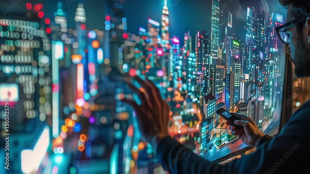 Poster software engineer uses smartphone and hand gestures to interact with holographic augmented reality i