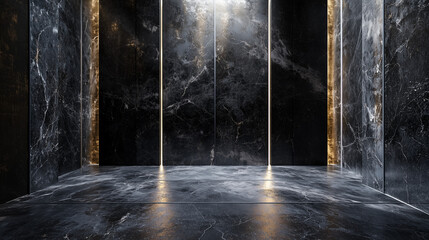 Luxurious black marble interior with gold lighting accents, polished reflective surfaces, and a modern, elegant atmosphere
