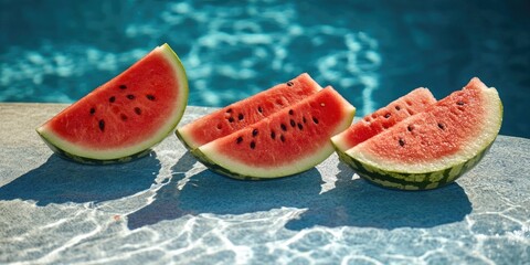 Cut watermelon slices on a wooden table near a swimming pool.