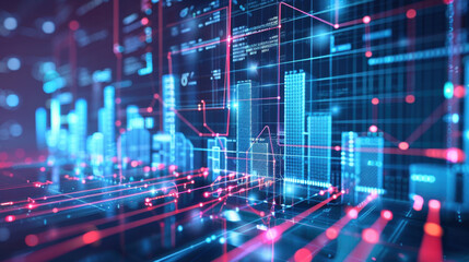 Futuristic cityscape with digital data visualization and neon lights, showcasing technology and innovation. vibrant colors create dynamic atmosphere