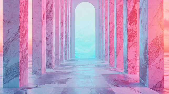 Futuristic marble corridor with tall columns and glowing archway in pink and blue lighting, creating a surreal dreamlike atmosphere - Powered by Adobe