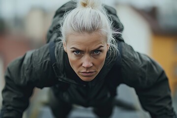 Focused female athlete performing push-ups outdoors during a cloudy day in an urban environment