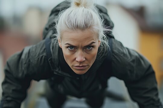 Focused female athlete performing push-ups outdoors during a cloudy day in an urban environment