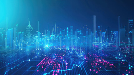 Futuristic city skyline with digital data visualization and graphs, showcasing technology and innovation in urban environments. vibrant colors create dynamic atmosphere