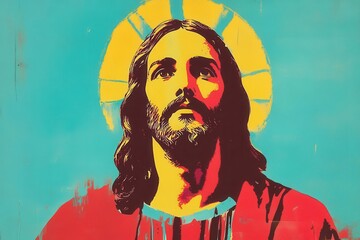 bold popart jesus in vibrant reds and yellows with geometric halos and retro lines set against a...