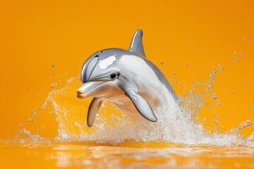 Naklejka premium Dolphin leaps joyfully through turquoise water against a vibrant yellow backdrop