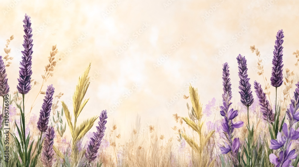 Poster lavender and wheat plants growing in a field with a soft yellow background creating a peaceful and n