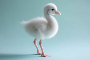 Fototapeta premium Baby bird standing on a light blue background with soft feathers and delicate features