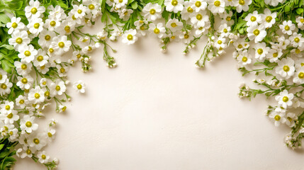 Delicate white blossoms and verdant foliage framing empty neutral space on soft beige surface